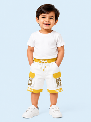 White & Mustard Yellow Cargo Shorts for Boys – Printed Multi-Pocket Summer Shorts BloomUp