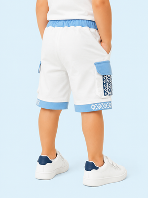 White & Sky Blue Cargo Shorts for Boys – Printed Multi-Pocket Summer Shorts BloomUp