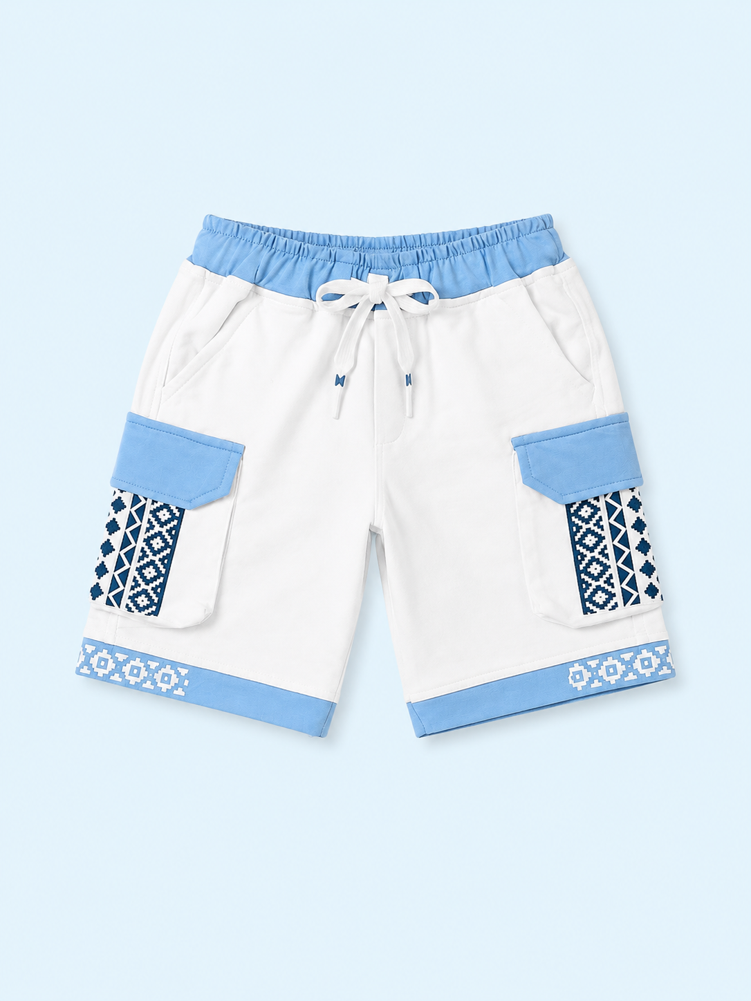White & Sky Blue Cargo Shorts for Boys – Printed Multi-Pocket Summer Shorts BloomUp