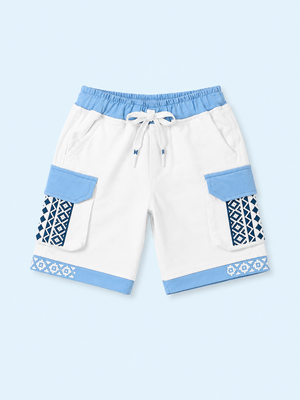 White & Sky Blue Cargo Shorts for Boys – Printed Multi-Pocket Summer Shorts BloomUp