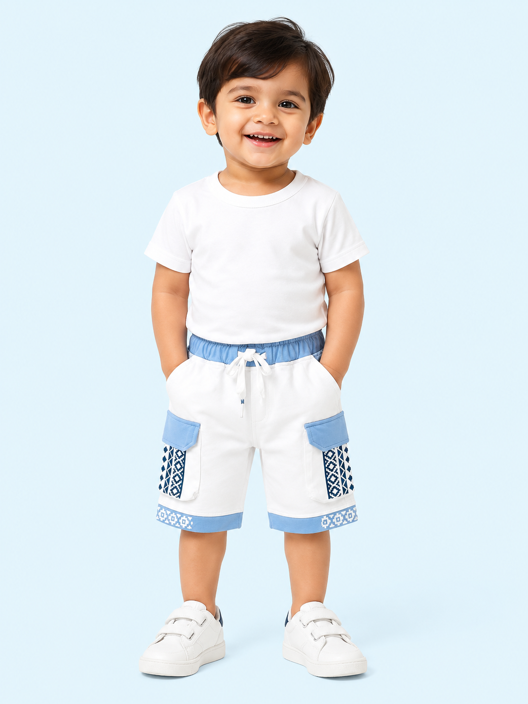 White & Sky Blue Cargo Shorts for Boys – Printed Multi-Pocket Summer Shorts BloomUp