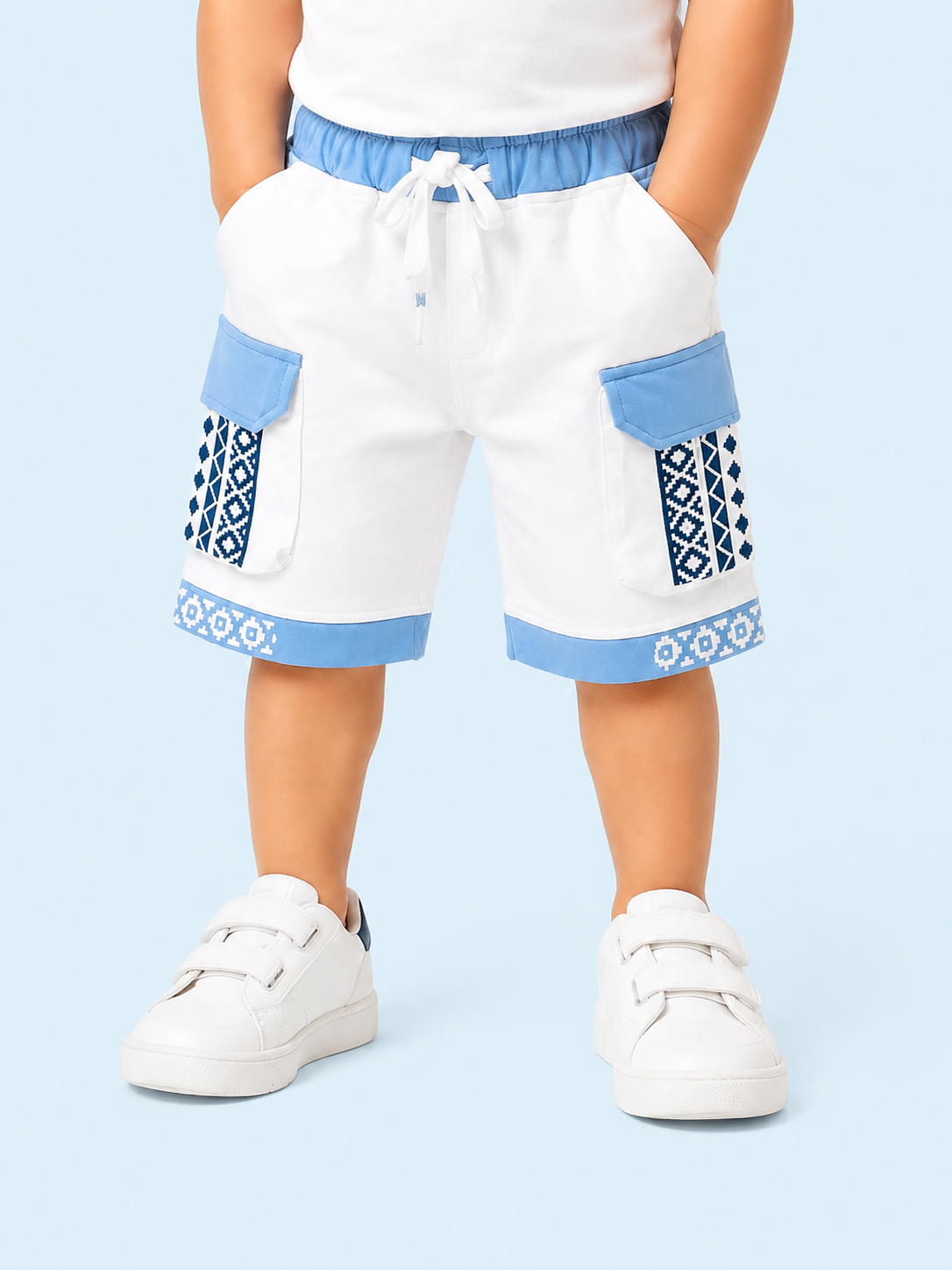 White & Sky Blue Cargo Shorts for Boys – Printed Multi-Pocket Summer Shorts BloomUp