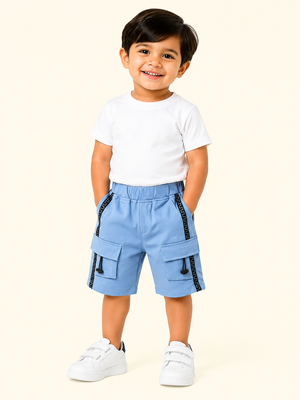 Sky Blue Utility Cargo Shorts for Boys – Multi-Pocket Cotton Blend Summer Shorts BloomUp
