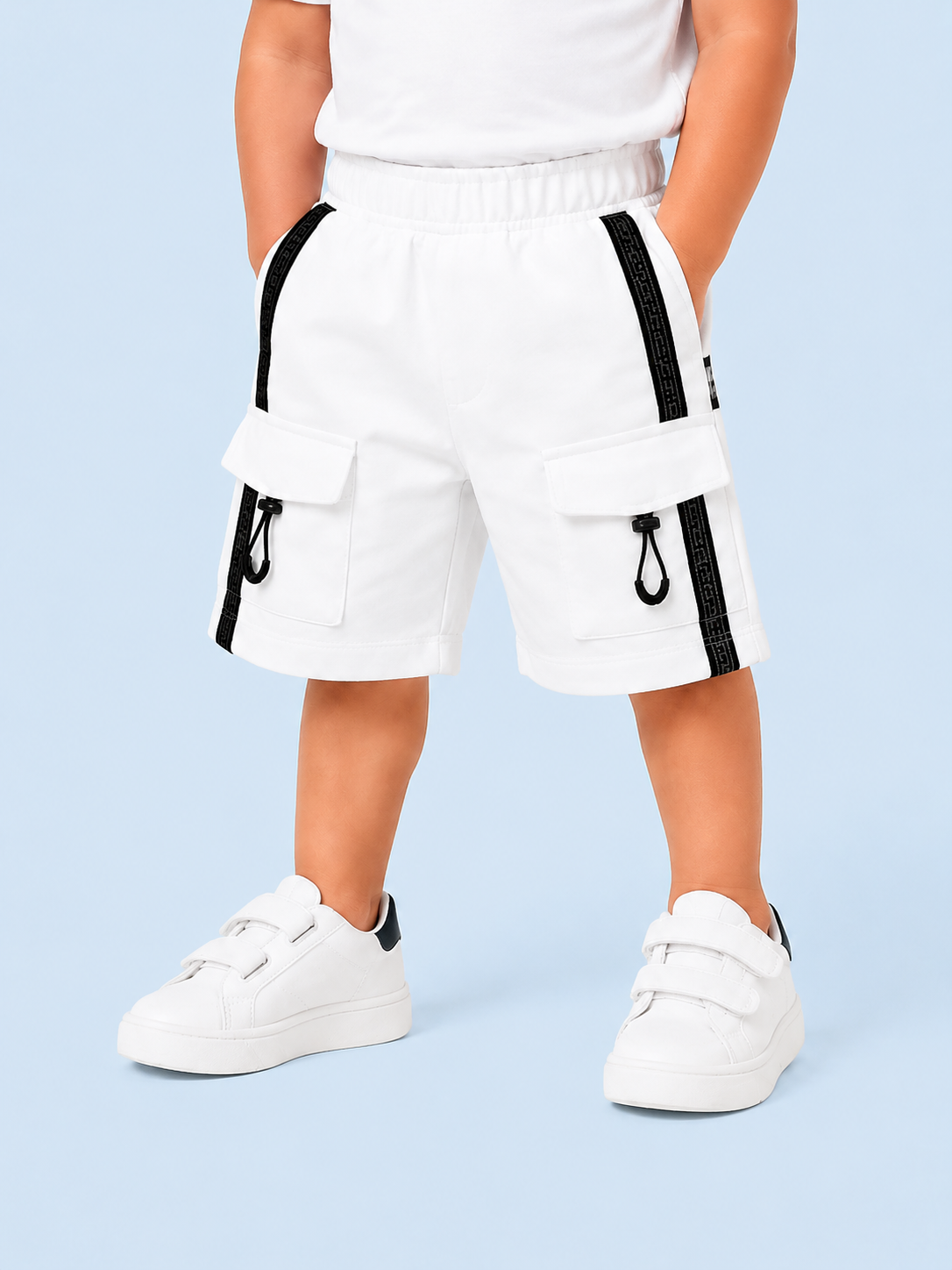 White Utility Cargo Shorts for Boys – Multi-Pocket Cotton Blend Summer Shorts BloomUp