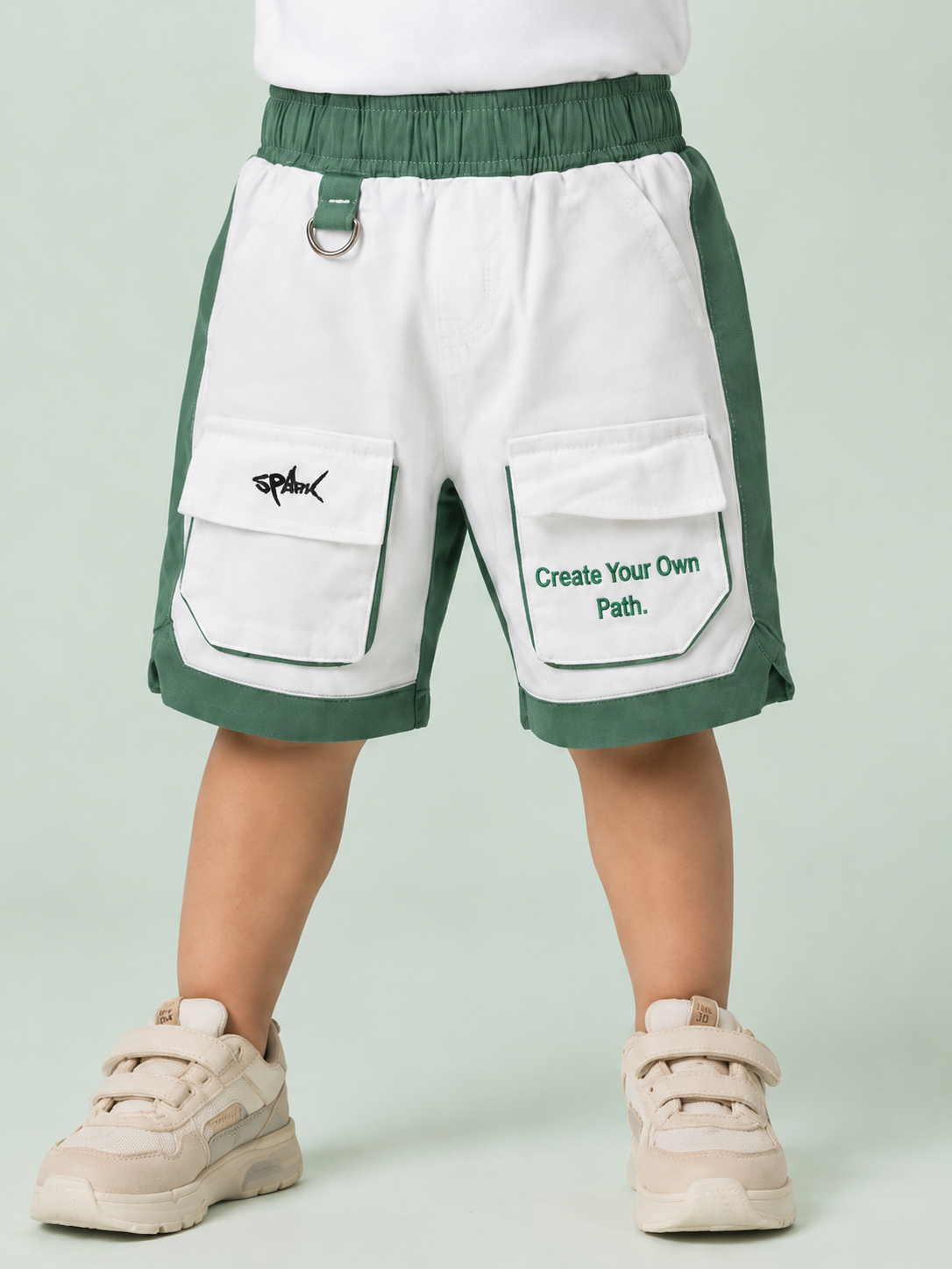 White & Green Cargo Shorts for Boys – Multi-Pocket Printed Summer Shorts BloomUp
