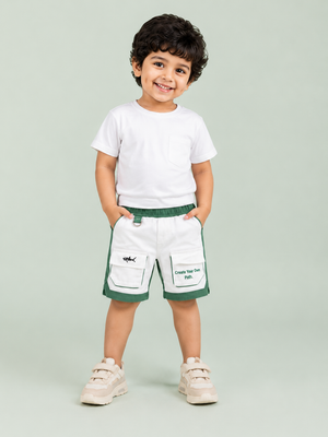 White & Green Cargo Shorts for Boys – Multi-Pocket Printed Summer Shorts BloomUp