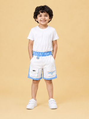 White & Sky Blue Cargo Shorts for Boys – Multi-Pocket Printed Summer Shorts BloomUp