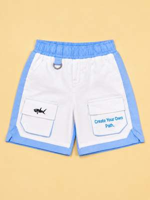 White & Sky Blue Cargo Shorts for Boys – Multi-Pocket Printed Summer Shorts BloomUp