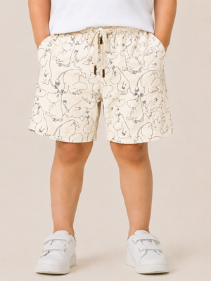 Cream Cartoon Print Shorts for Boys – Soft Cotton Drawstring Summer Shorts BloomUp