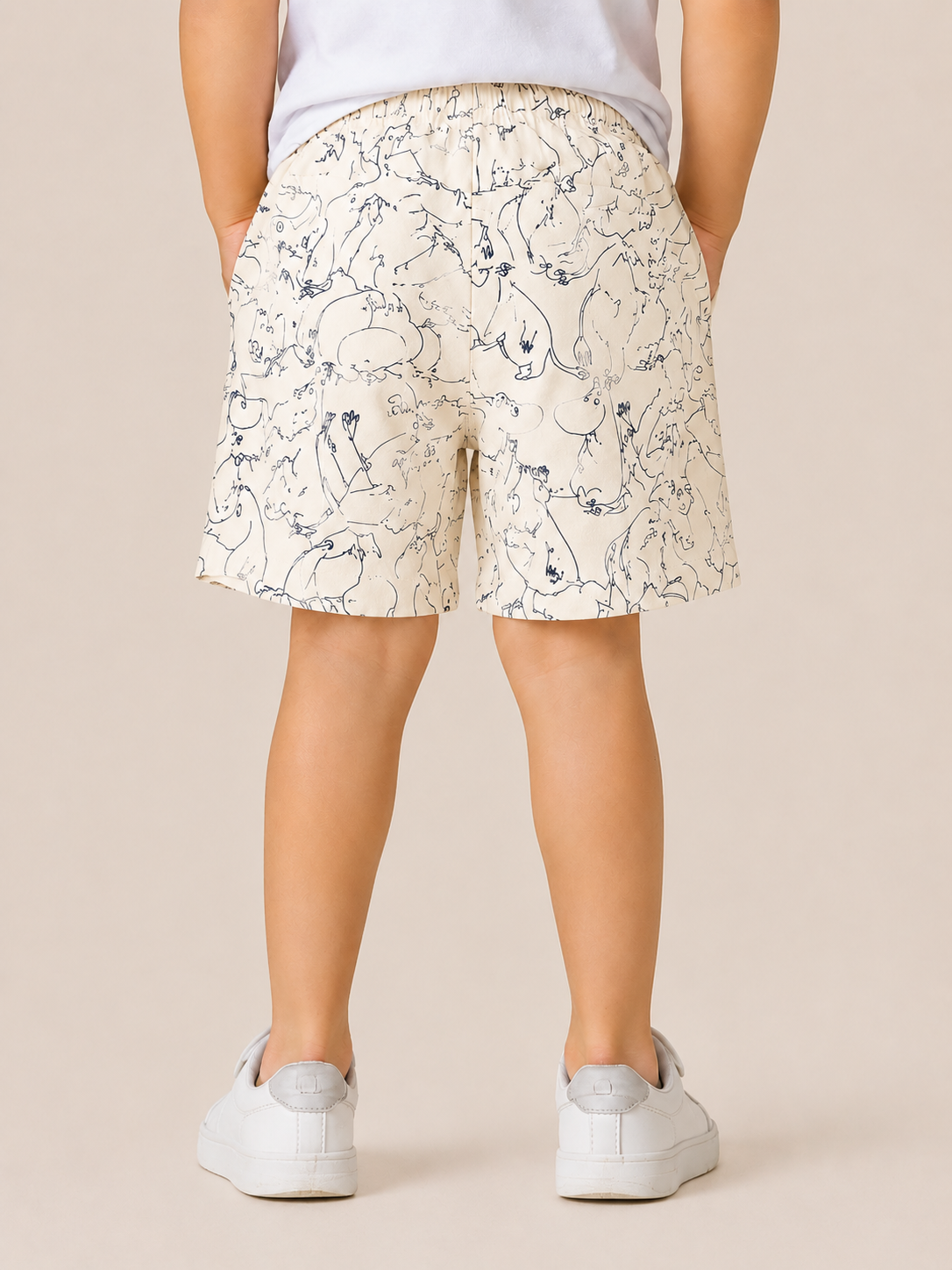 Cream Cartoon Print Shorts for Boys – Soft Cotton Drawstring Summer Shorts BloomUp