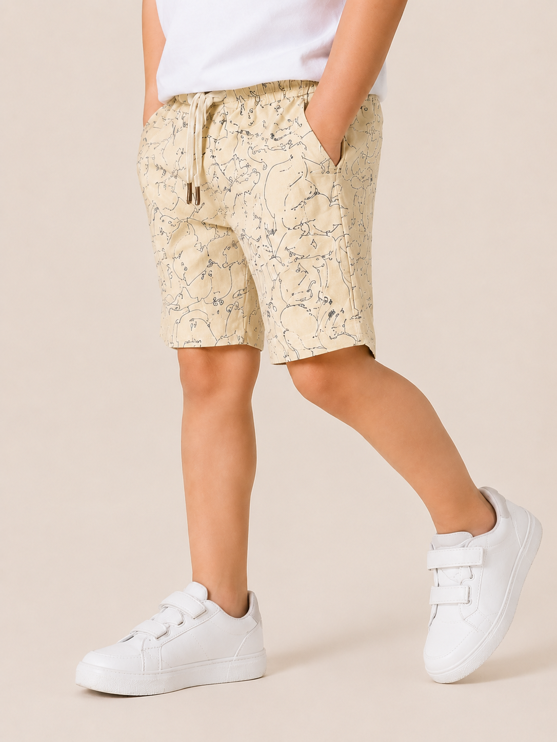 Cream Cartoon Print Shorts for Boys – Soft Cotton Drawstring Summer Shorts BloomUp