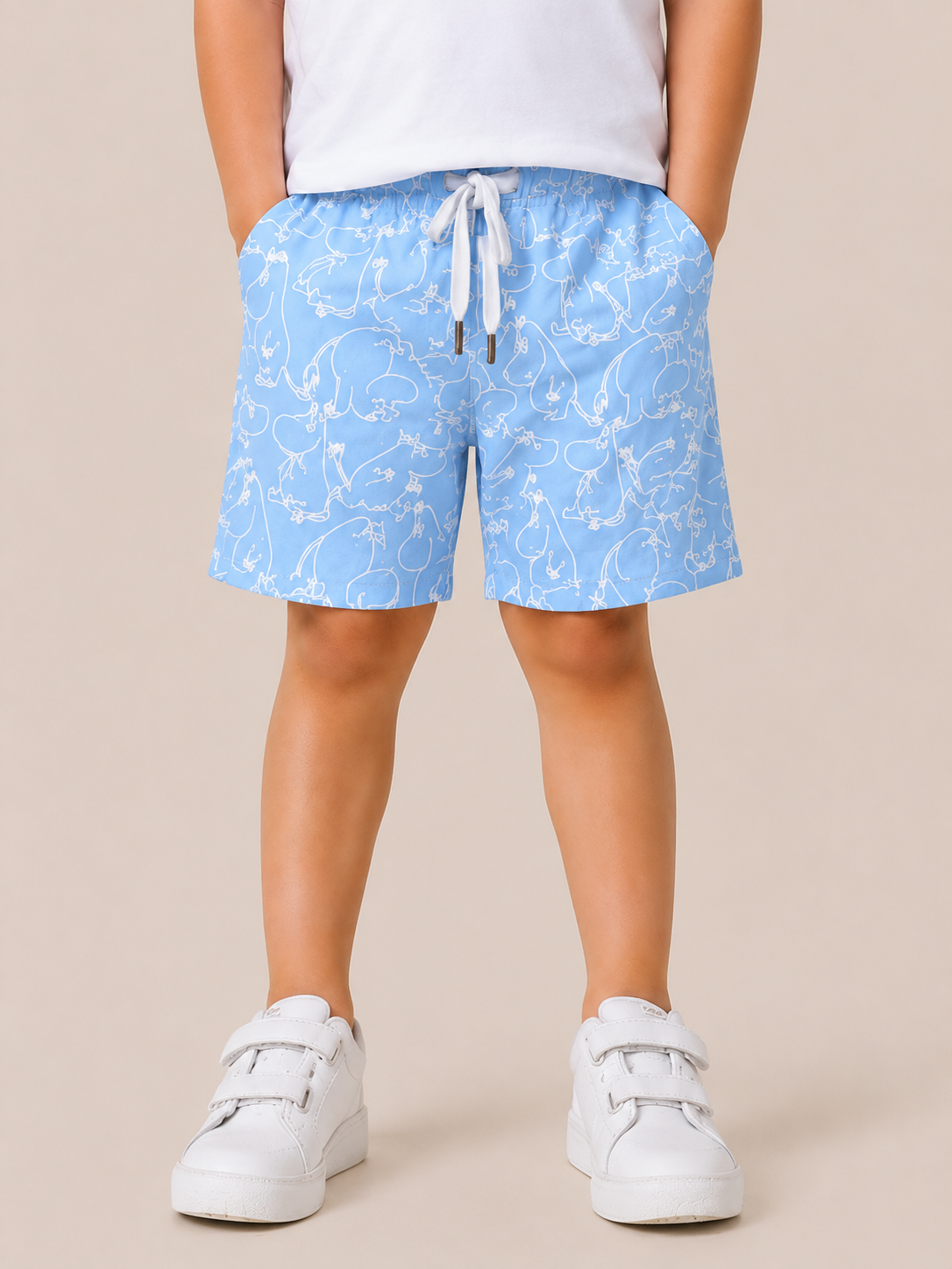 Sky Blue Cartoon Print Shorts for Boys – Soft Cotton Drawstring Summer Shorts BloomUp