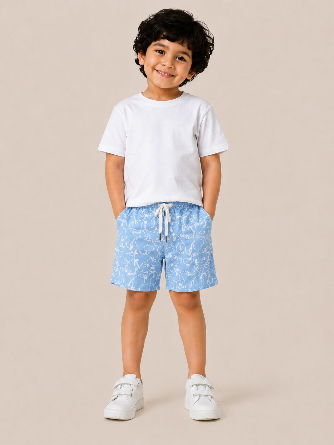 Sky Blue Cartoon Print Shorts for Boys – Soft Cotton Drawstring Summer Shorts BloomUp
