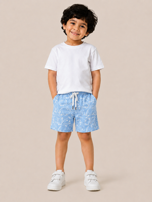 Sky Blue Cartoon Print Shorts for Boys – Soft Cotton Drawstring Summer Shorts BloomUp