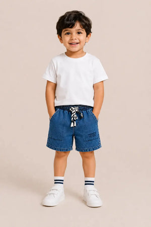 BloomUp Denim Look Drawstring Shorts for Boys – Soft Cotton Casual Summer Shorts