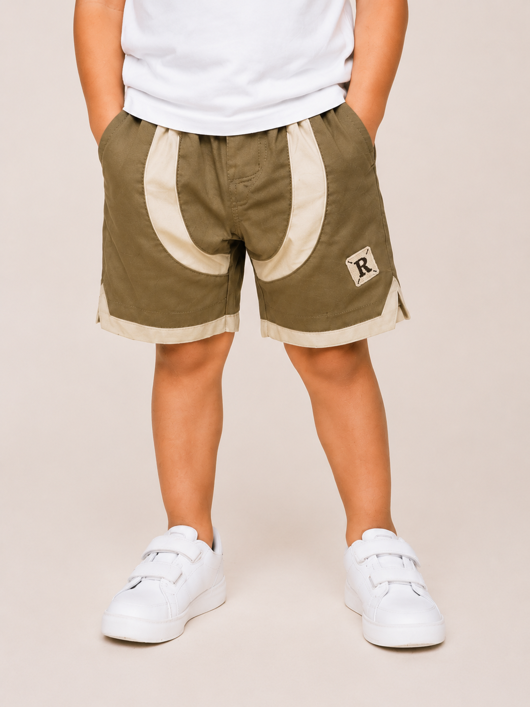 Olive Green Contrast Panel Shorts for Boys – Soft Cotton Casual Summer Shorts BloomUp