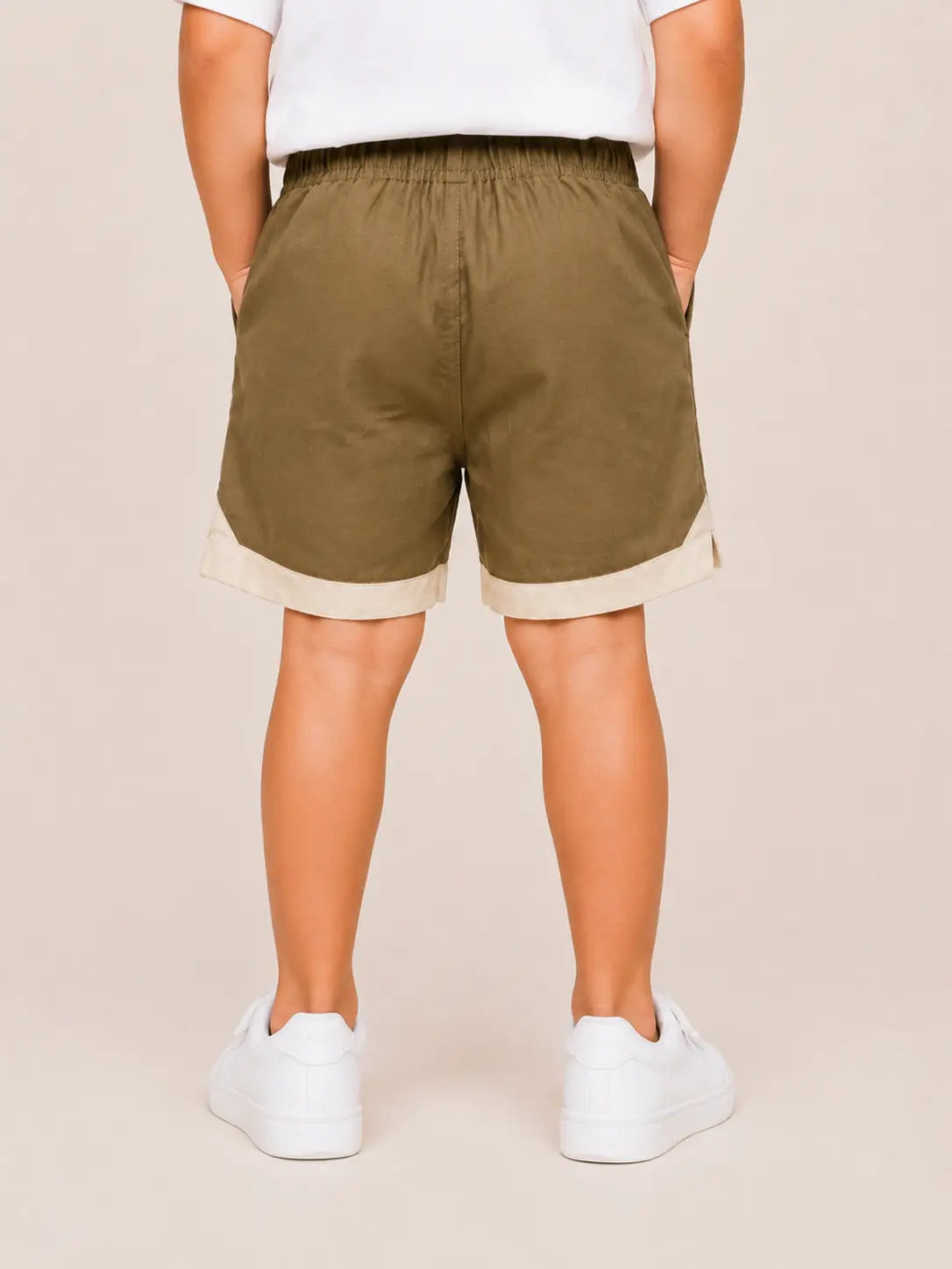 BloomUp Olive Green Contrast Panel Shorts for Boys – Soft Cotton Casual Summer Shorts
