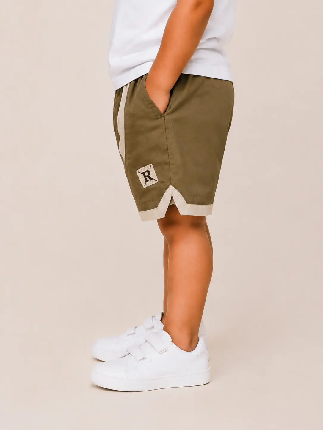 BloomUp Olive Green Contrast Panel Shorts for Boys – Soft Cotton Casual Summer Shorts
