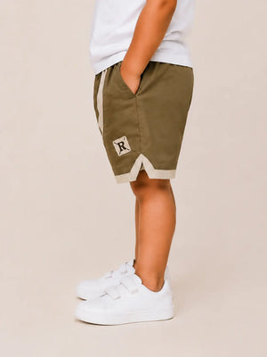 BloomUp Olive Green Contrast Panel Shorts for Boys – Soft Cotton Casual Summer Shorts