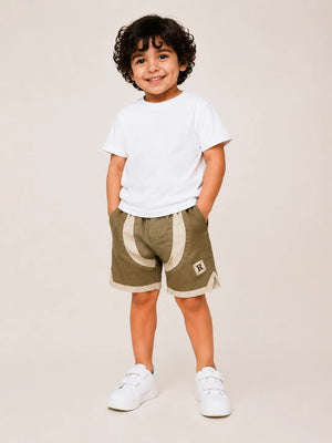 BloomUp Olive Green Contrast Panel Shorts for Boys – Soft Cotton Casual Summer Shorts