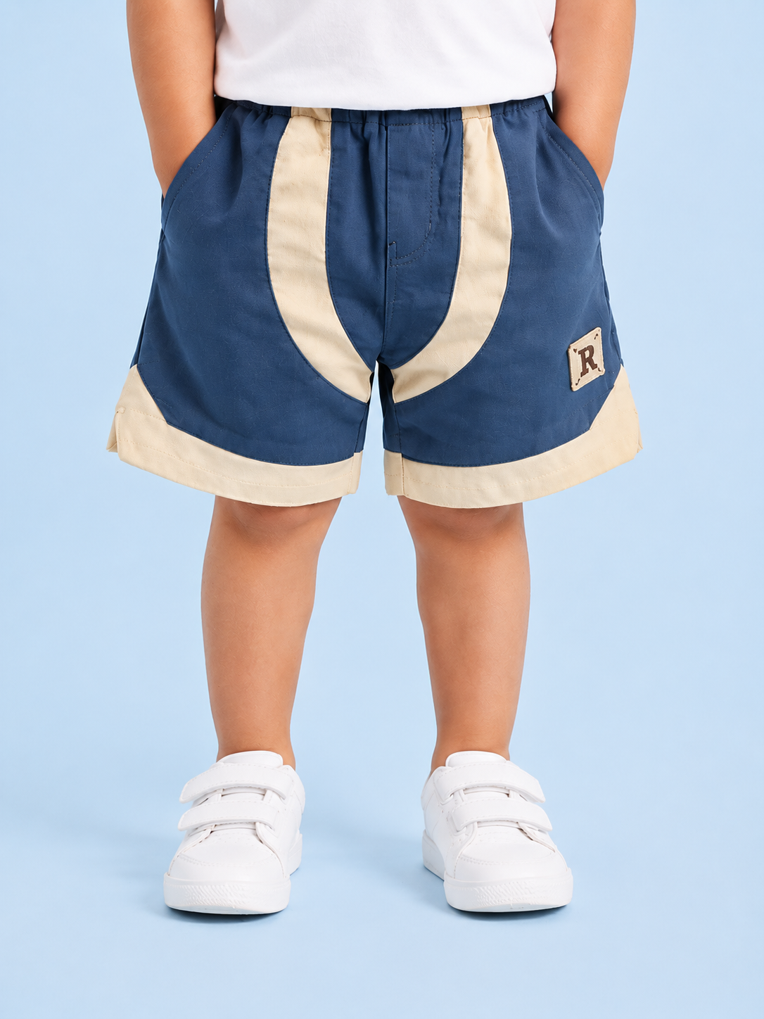 Navy Blue Contrast Panel Shorts for Boys – Soft Cotton Casual Summer Shorts BloomUp
