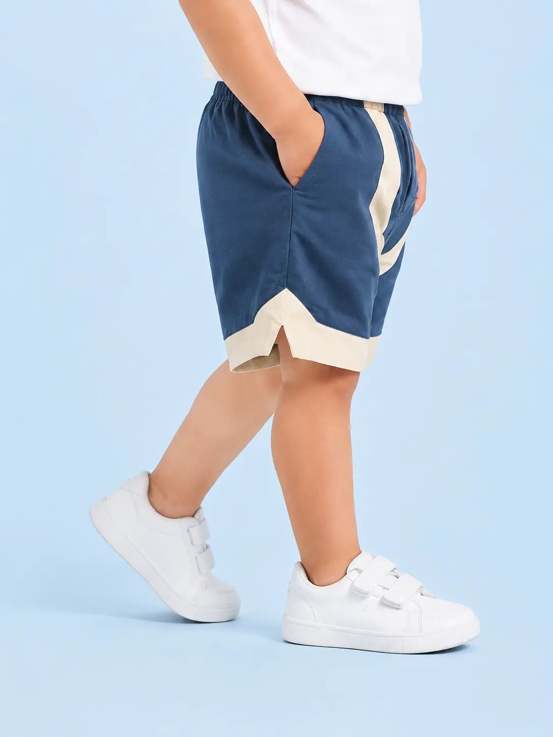 BloomUp Navy Blue Contrast Panel Shorts for Boys – Soft Cotton Casual Summer Shorts