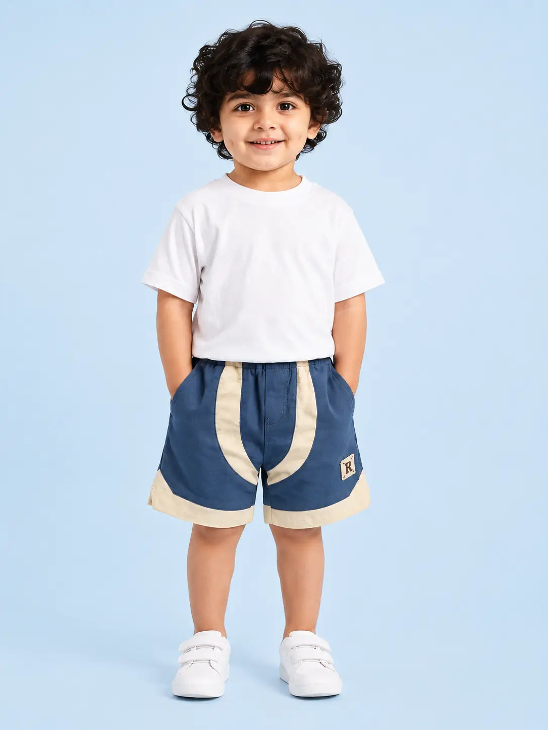 BloomUp Navy Blue Contrast Panel Shorts for Boys – Soft Cotton Casual Summer Shorts