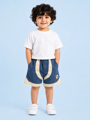 BloomUp Navy Blue Contrast Panel Shorts for Boys – Soft Cotton Casual Summer Shorts