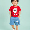 Red Smiley Graphic T-Shirt & Light Blue Denim Shorts Co-ord Set for Boys – Soft Cotton Summer Outfit