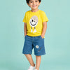 Yellow Smiley Graphic T-Shirt & Denim Blue Shorts Co-ord Set for Boys – Soft Cotton Summer Outfit