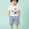 White Construction Vehicle Graphic T-Shirt & Navy Striped Shorts Co-ord Set for Boys – Soft Cotton Summer Outfit