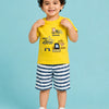 Yellow Construction Vehicle Printed T-Shirt & Striped Shorts Co-ord Set for Baby Boys – Soft Cotton 2-Piece Summer Outfit