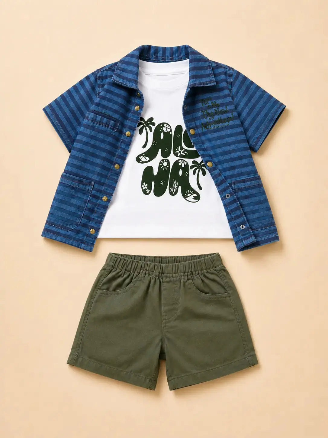 BloomUp Blue Striped Shirt, Graphic T-Shirt & Olive Shorts Co-ord Set for Baby Boys – Soft Cotton 3-Piece Summer Outfit