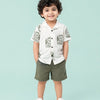 White Printed Shirt & Olive Green Shorts Co-ord Set for Boys – Soft Cotton Summer Casual Outfit
