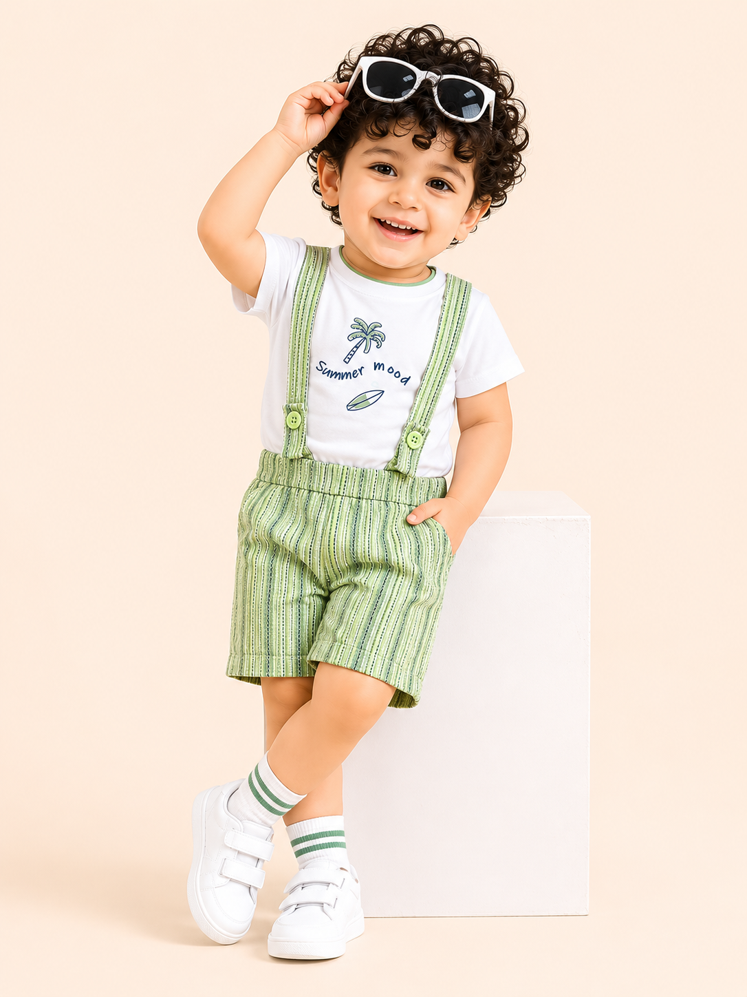 White Summer Mood Graphic T-Shirt & Green Striped Shorts Set for Toddlers – Soft Cotton Summer Wear BloomUp