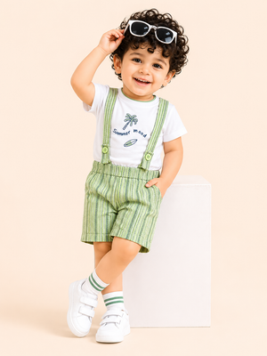 White Summer Mood Graphic T-Shirt & Green Striped Shorts Set for Toddlers – Soft Cotton Summer Wear BloomUp