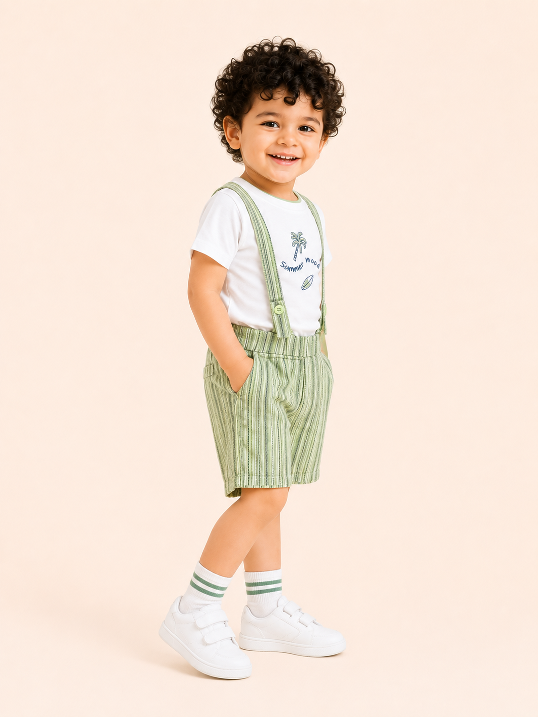 White Summer Mood Graphic T-Shirt & Green Striped Shorts Set for Toddlers – Soft Cotton Summer Wear BloomUp