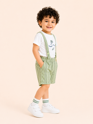 White Summer Mood Graphic T-Shirt & Green Striped Shorts Set for Toddlers – Soft Cotton Summer Wear BloomUp