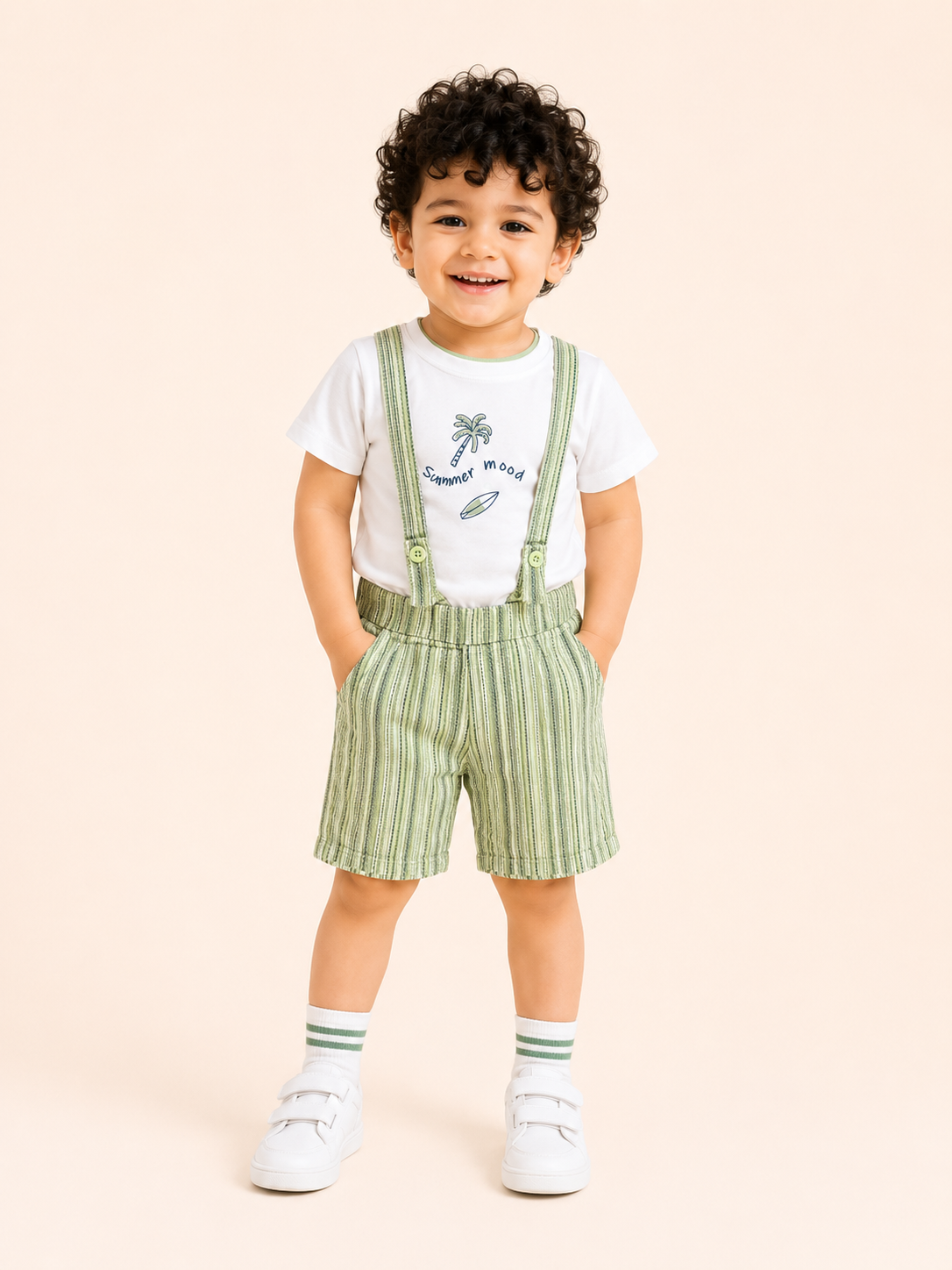 White Summer Mood Graphic T-Shirt & Green Striped Shorts Set for Toddlers – Soft Cotton Summer Wear BloomUp