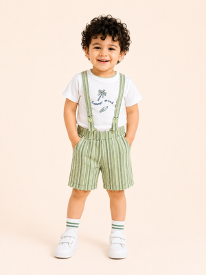 White Summer Mood Graphic T-Shirt & Green Striped Shorts Set for Toddlers – Soft Cotton Summer Wear BloomUp