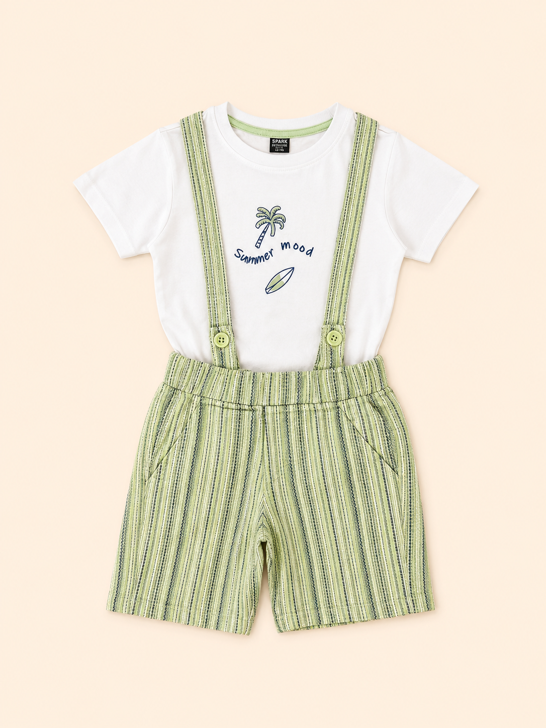 White Summer Mood Graphic T-Shirt & Green Striped Shorts Set for Toddlers – Soft Cotton Summer Wear BloomUp