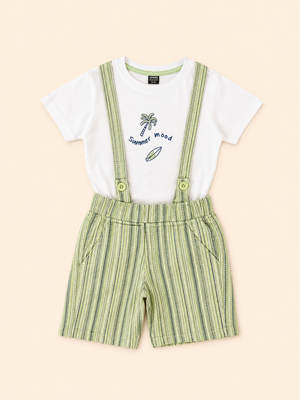 White Summer Mood Graphic T-Shirt & Green Striped Shorts Set for Toddlers – Soft Cotton Summer Wear BloomUp