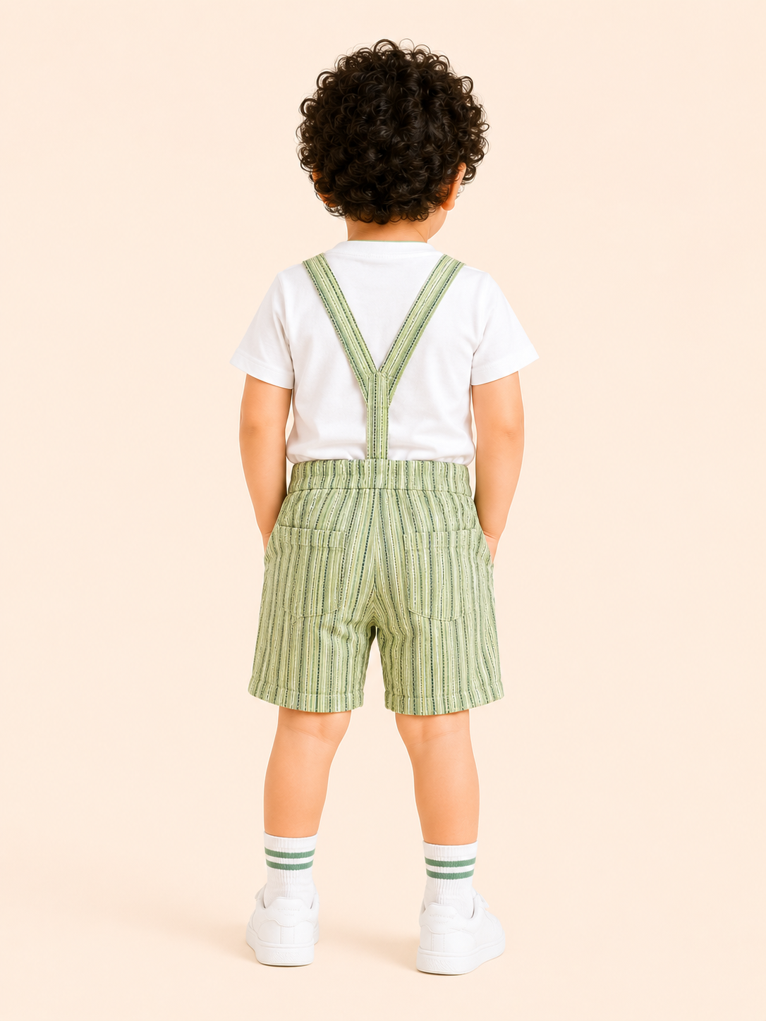 White Summer Mood Graphic T-Shirt & Green Striped Shorts Set for Toddlers – Soft Cotton Summer Wear BloomUp