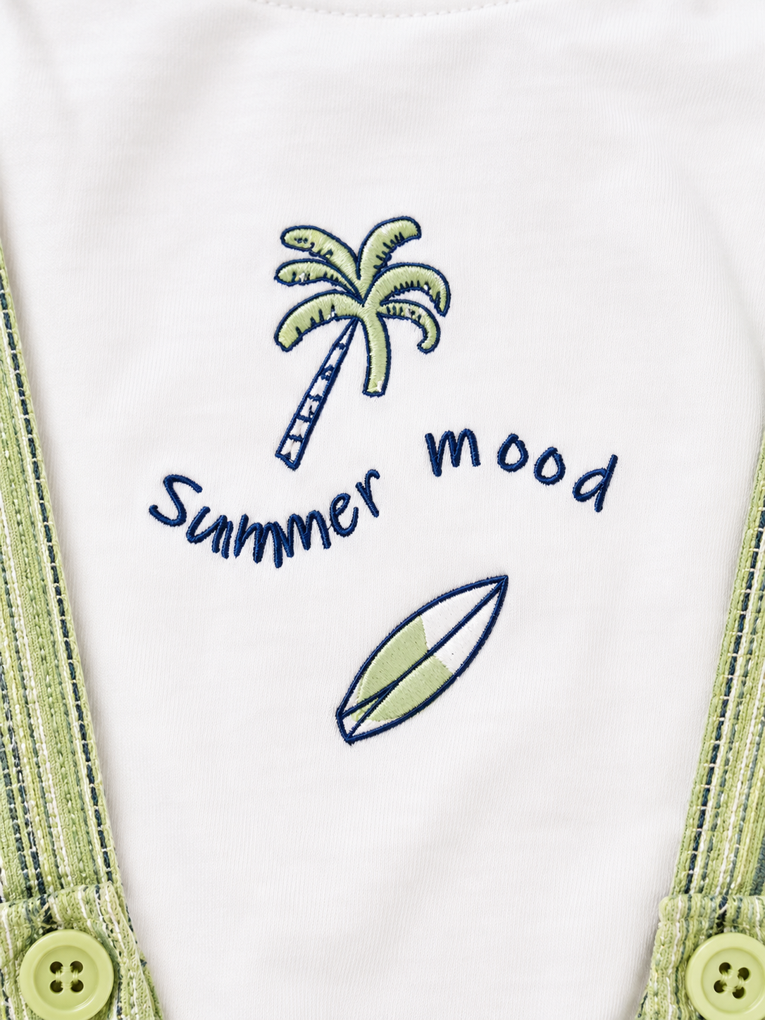 White Summer Mood Graphic T-Shirt & Green Striped Shorts Set for Toddlers – Soft Cotton Summer Wear BloomUp