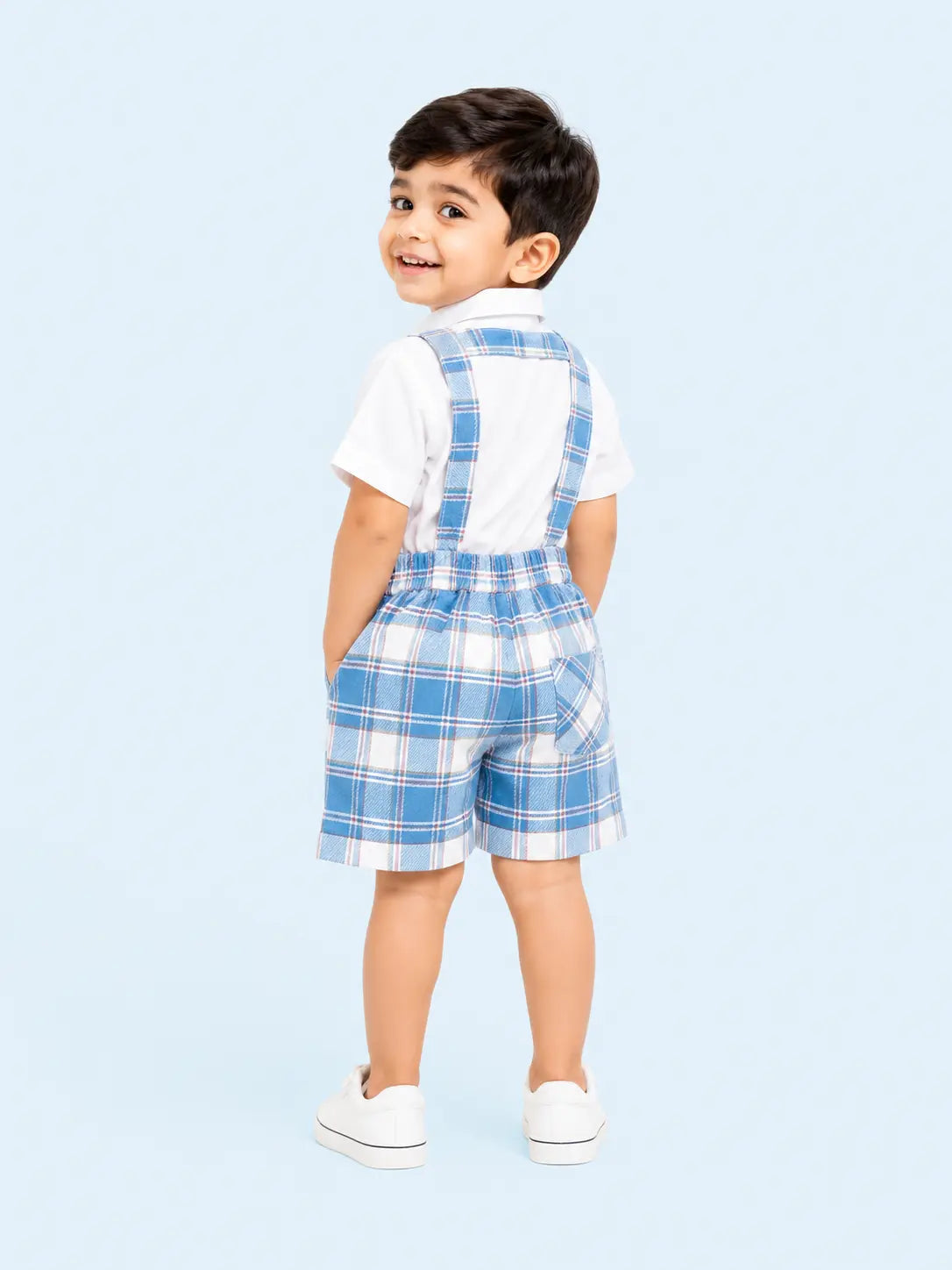 BloomUp Blue Checked Suspender Shorts Set for Boys – White Shirt & Plaid Summer Outfit