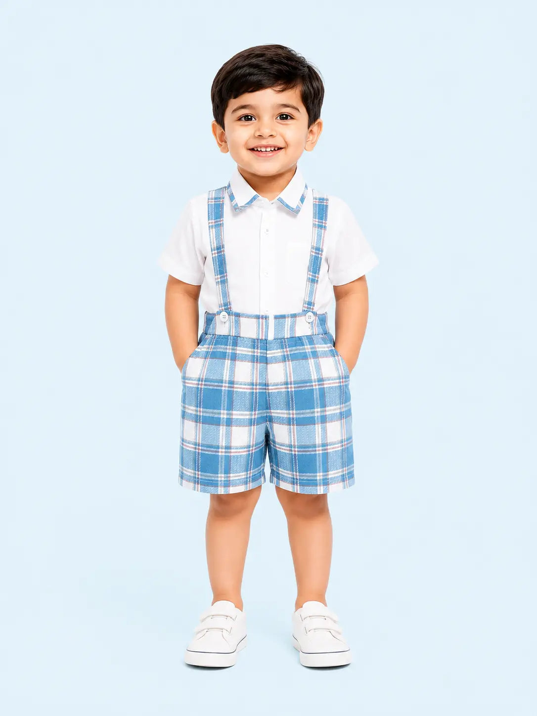 BloomUp Blue Checked Suspender Shorts Set for Boys – White Shirt & Plaid Summer Outfit
