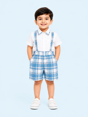 BloomUp Blue Checked Suspender Shorts Set for Boys – White Shirt & Plaid Summer Outfit