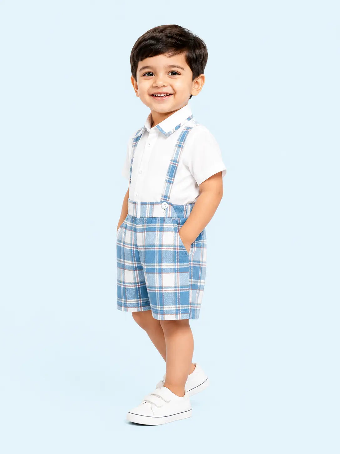 BloomUp Blue Checked Suspender Shorts Set for Boys – White Shirt & Plaid Summer Outfit