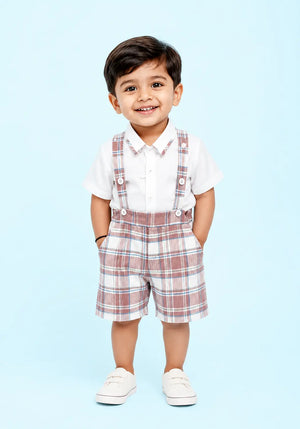 BloomUp Pink Checked Suspender Shorts Set for Girls – White Shirt & Plaid Summer Outfit