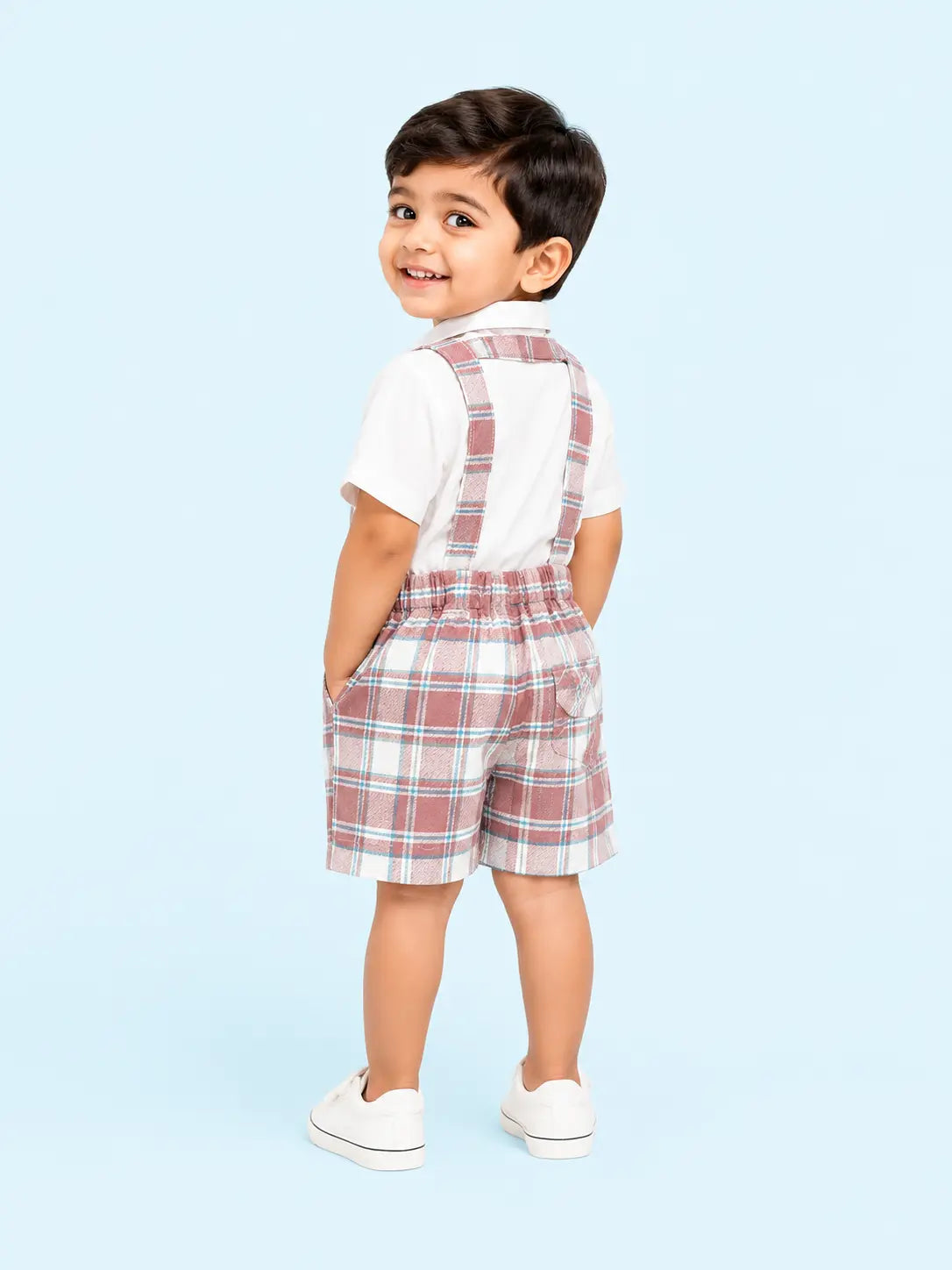BloomUp Pink Checked Suspender Shorts Set for Girls – White Shirt & Plaid Summer Outfit